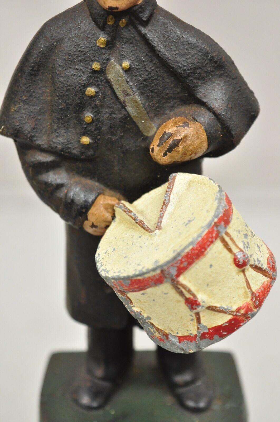 Early 20th Century Antique Victorian Cast Iron Figural Painted Civil War Soldier Drummer Door Stop For Sale