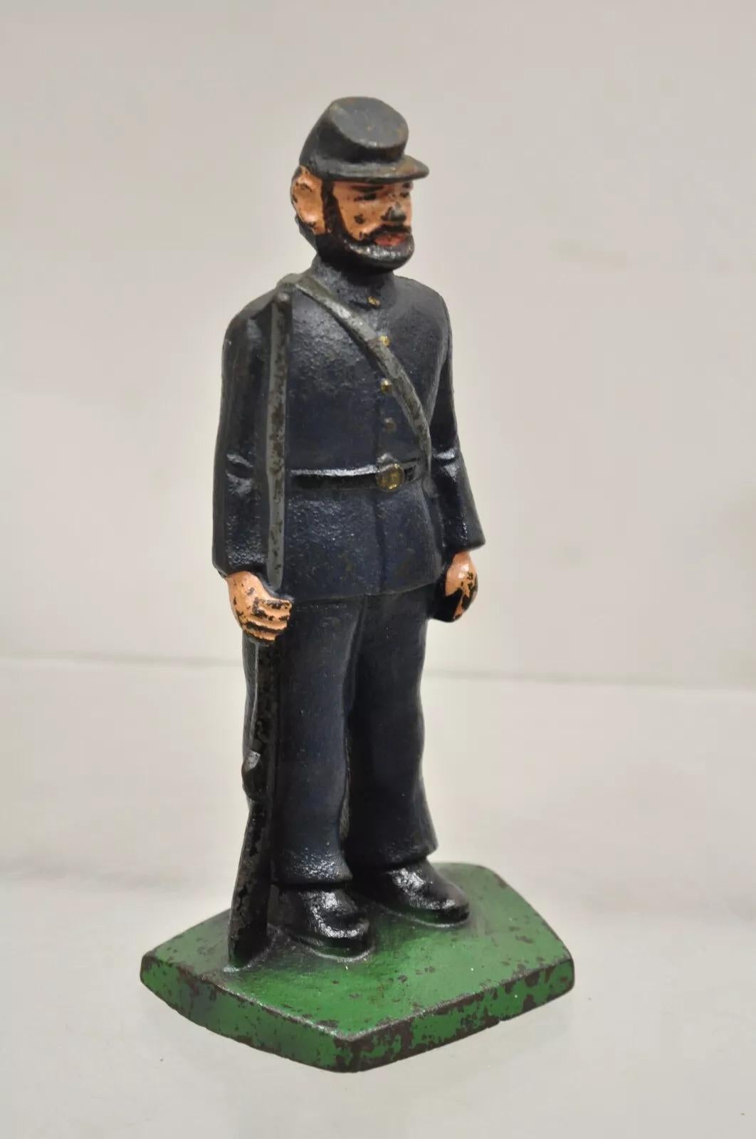 Antique Victorian Cast Iron Figural Painted Military War Solider Door Stop A In Good Condition For Sale In Philadelphia, PA