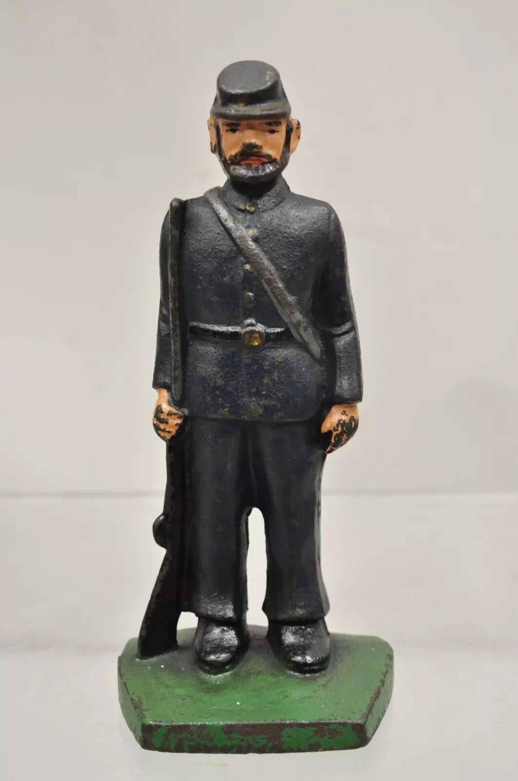 Antique Victorian Cast Iron Figural Painted Military War Solider Door Stop B For Sale 6