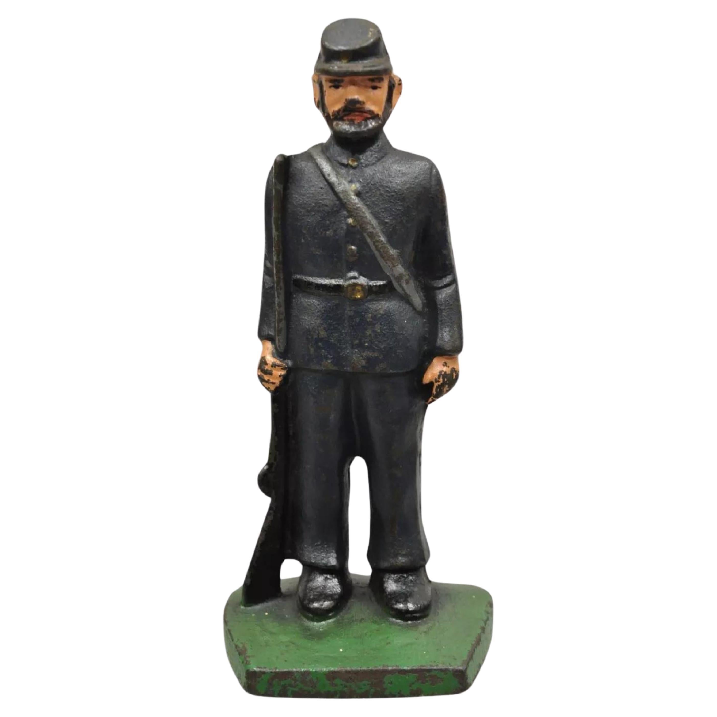 Antique Victorian Cast Iron Figural Painted Military War Solider Door Stop B For Sale
