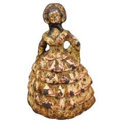 Used Victorian Cast Iron Figural Painted Small Hoop Skirt Girl Door Stop