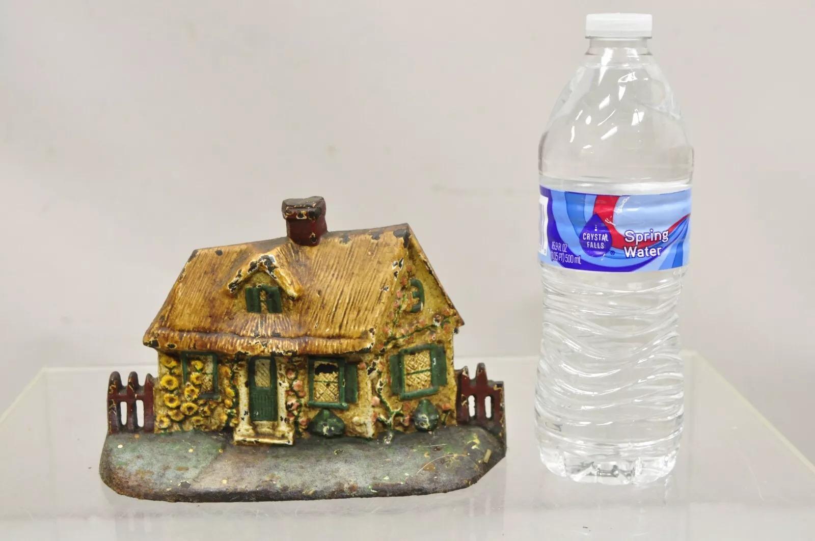 Antique Victorian Cast Iron Figural Painted Tan Cottage House Painted Door Stop. Circa Early 1900s. Measurements: 5