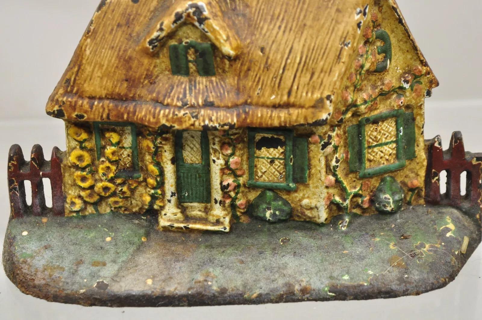 Early 20th Century Antique Victorian Cast Iron Figural Painted Tan Cottage House Painted Door Stop For Sale