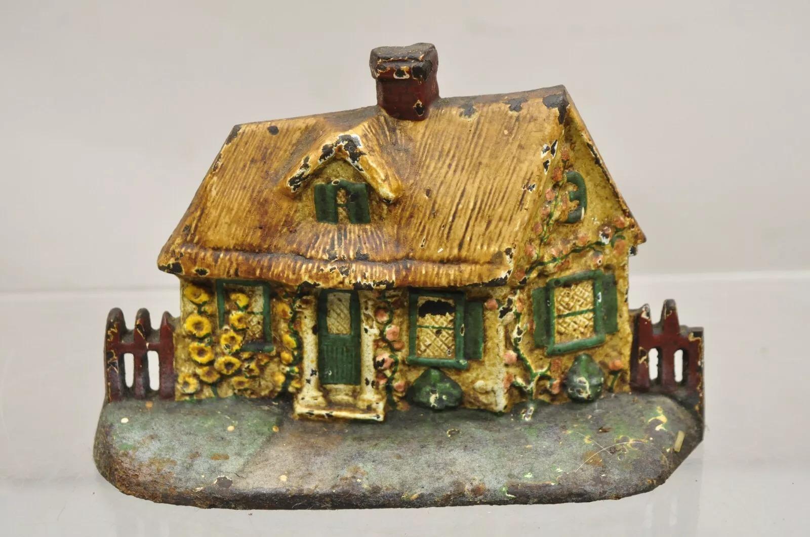 Antique Victorian Cast Iron Figural Painted Tan Cottage House Painted Door Stop For Sale 5