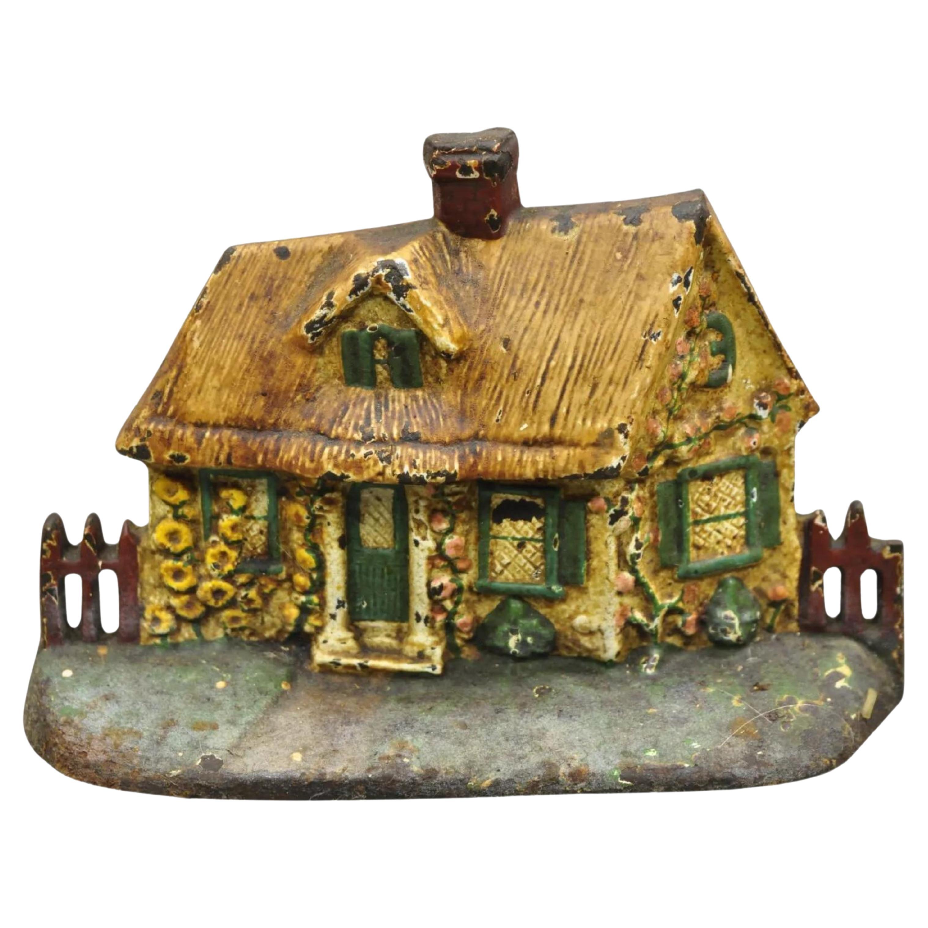 Antique Victorian Cast Iron Figural Painted Tan Cottage House Painted Door Stop For Sale