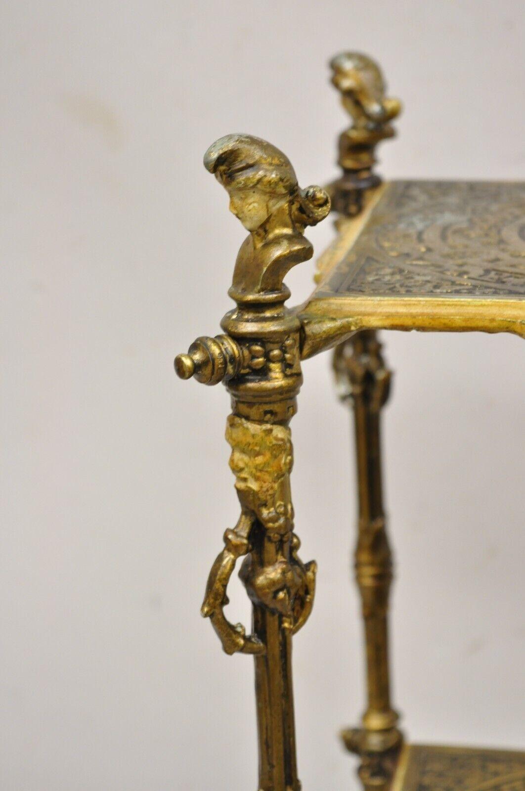 Antique Victorian Cast Iron Figural Renaissance 3 Tier Plant Stand Side Table For Sale 4