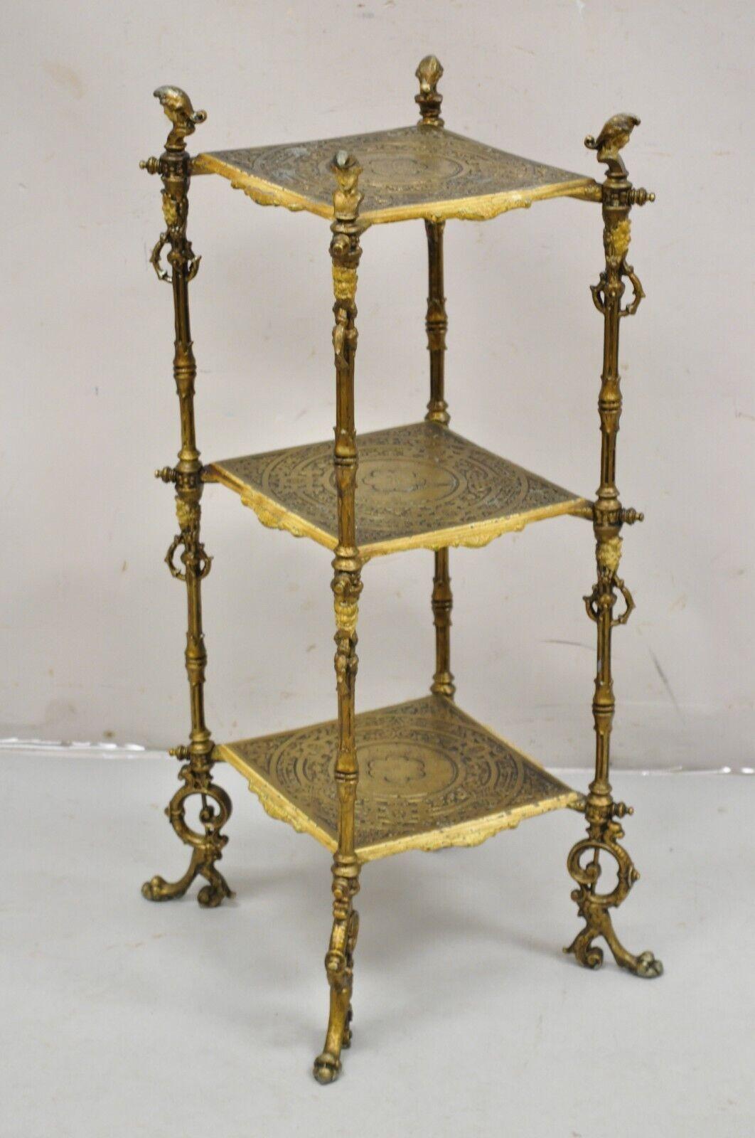 Antique Victorian Cast Iron Figural Renaissance 3 Tier Plant Stand Side Table For Sale 5