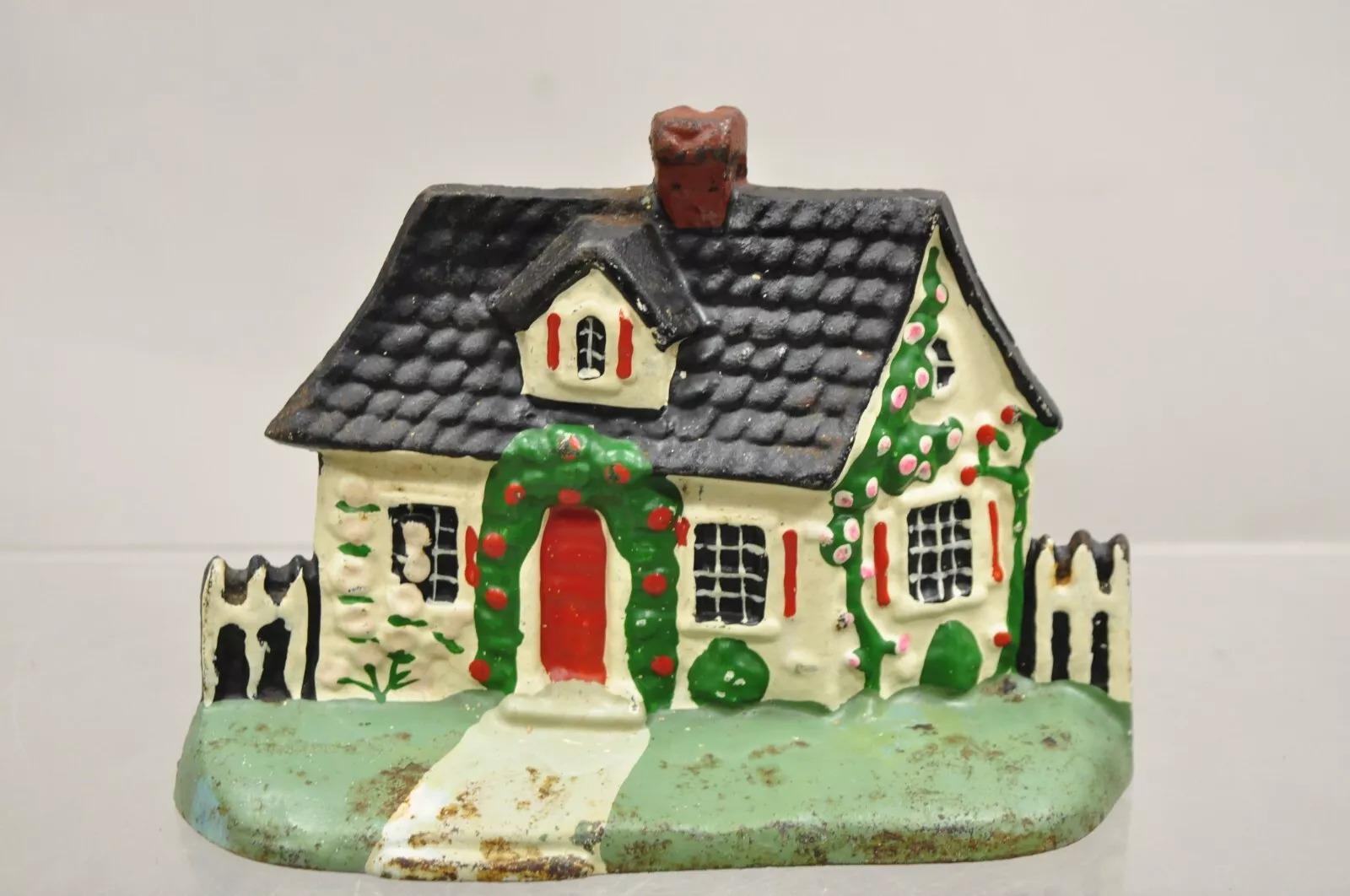 Antique Victorian Cast Iron Figural Traditional Cottage House Painted Door Stop For Sale 5