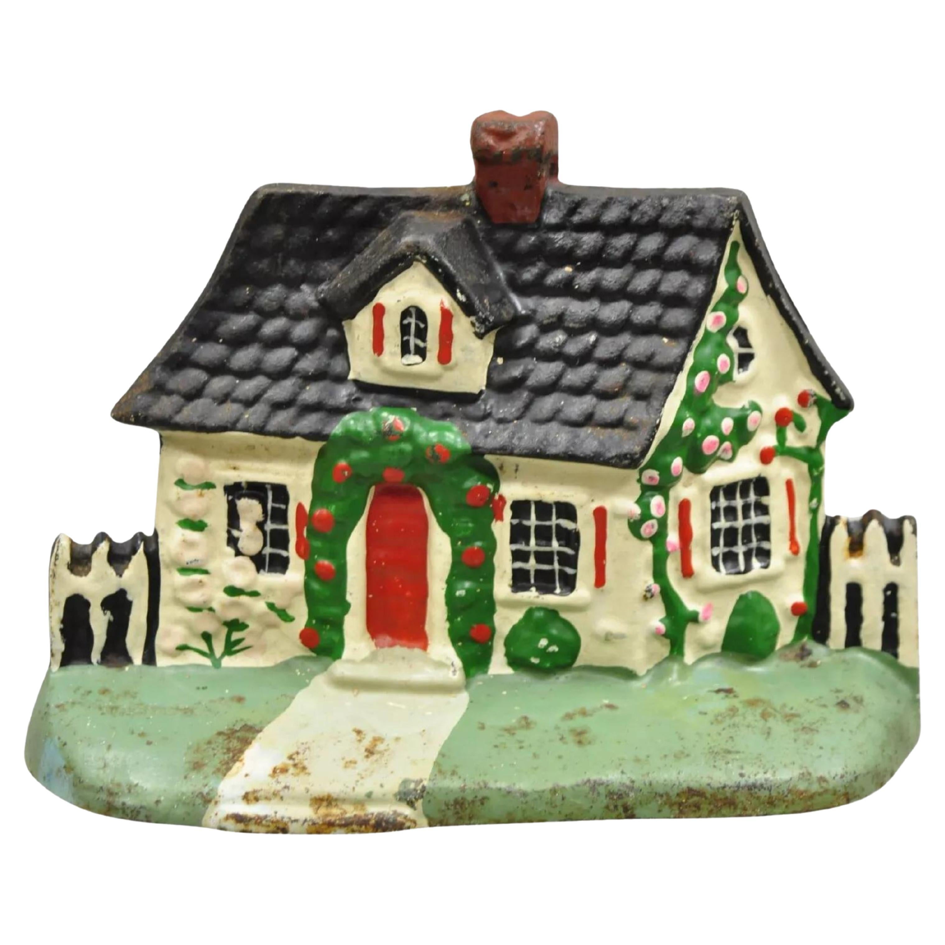 Antique Victorian Cast Iron Figural Traditional Cottage House Painted Door Stop For Sale