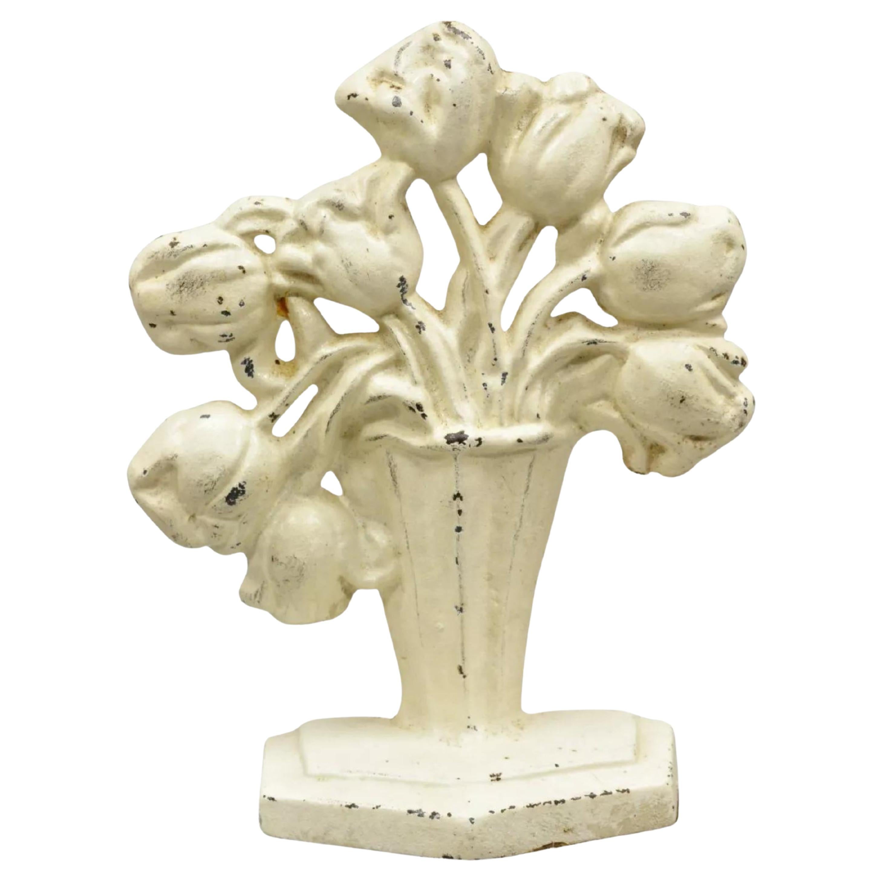 Antique Victorian Cast Iron Figural White Tulip Bouquet Painted Door Stop For Sale