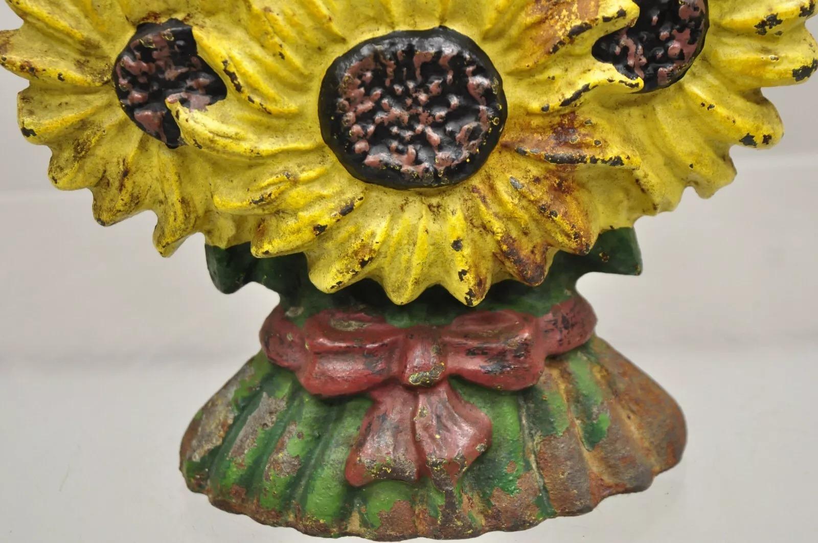 Early 20th Century Antique Victorian Cast Iron Figural Yellow Sunflower Bouquet Painted Door Stop