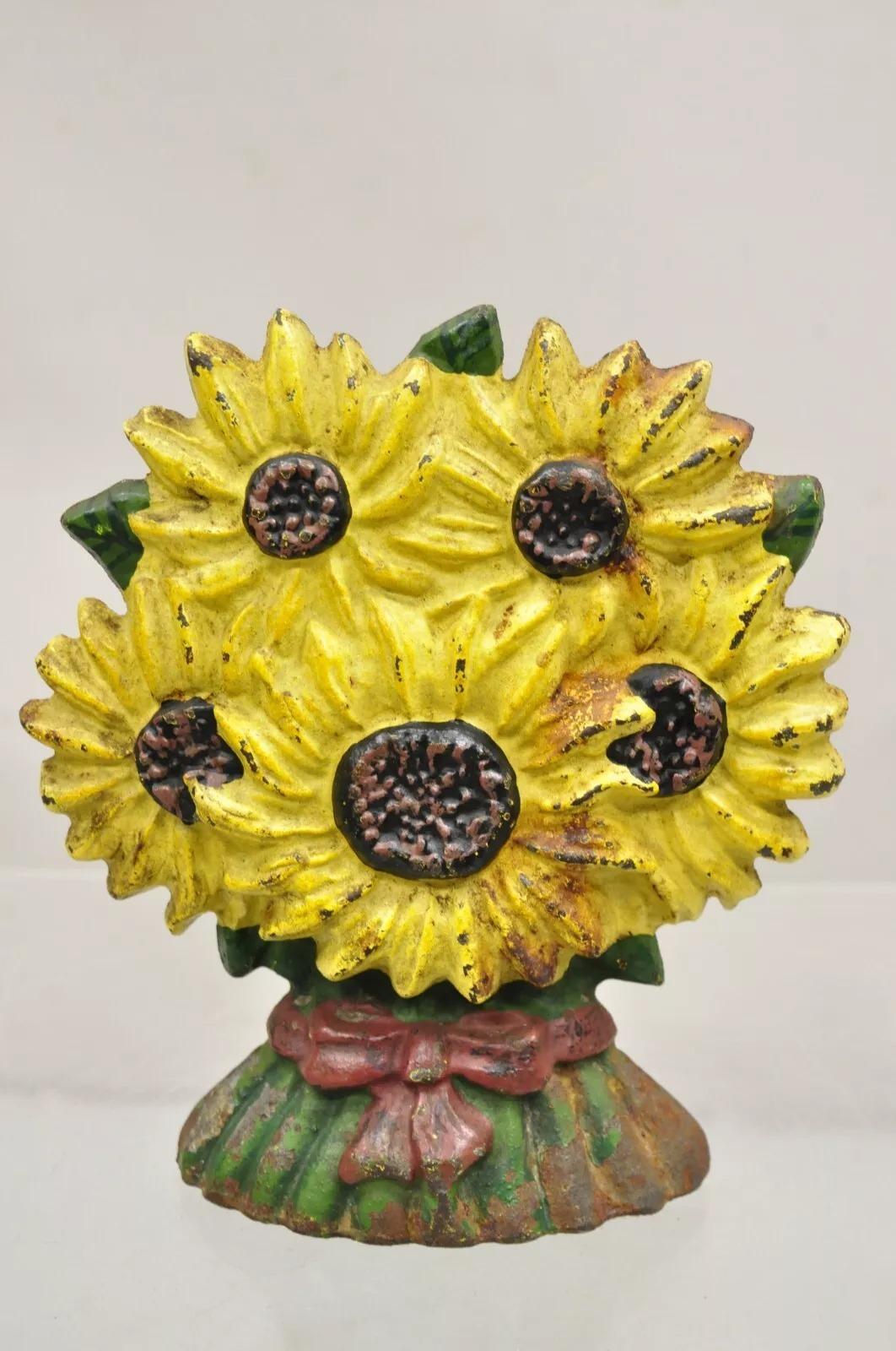 Antique Victorian Cast Iron Figural Yellow Sunflower Bouquet Painted Door Stop 5