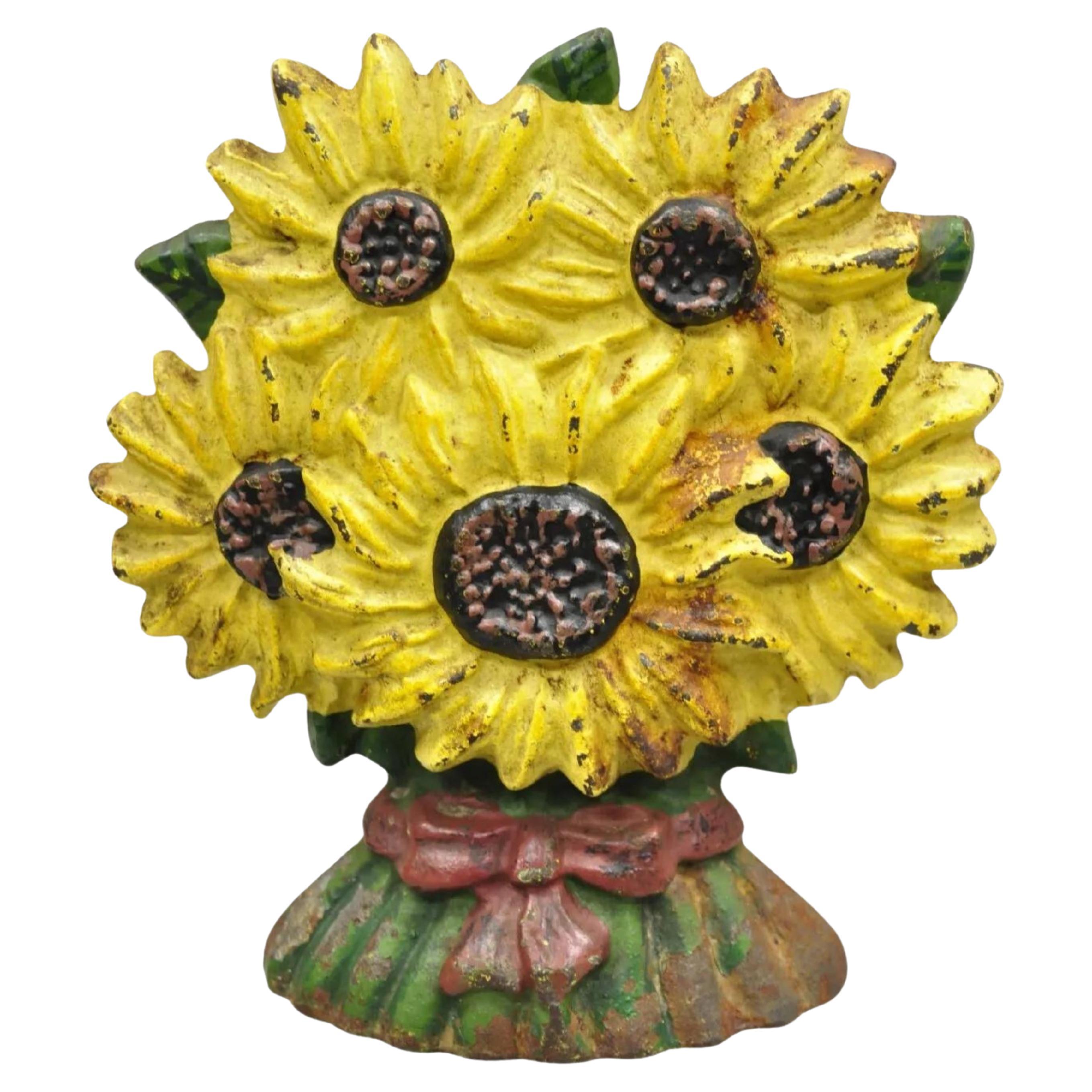 Antique Victorian Cast Iron Figural Yellow Sunflower Bouquet Painted Door Stop