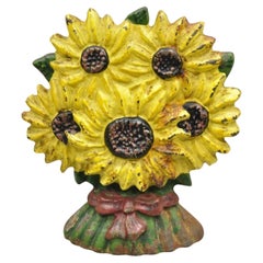 Antique Victorian Cast Iron Figural Yellow Sunflower Bouquet Painted Door Stop