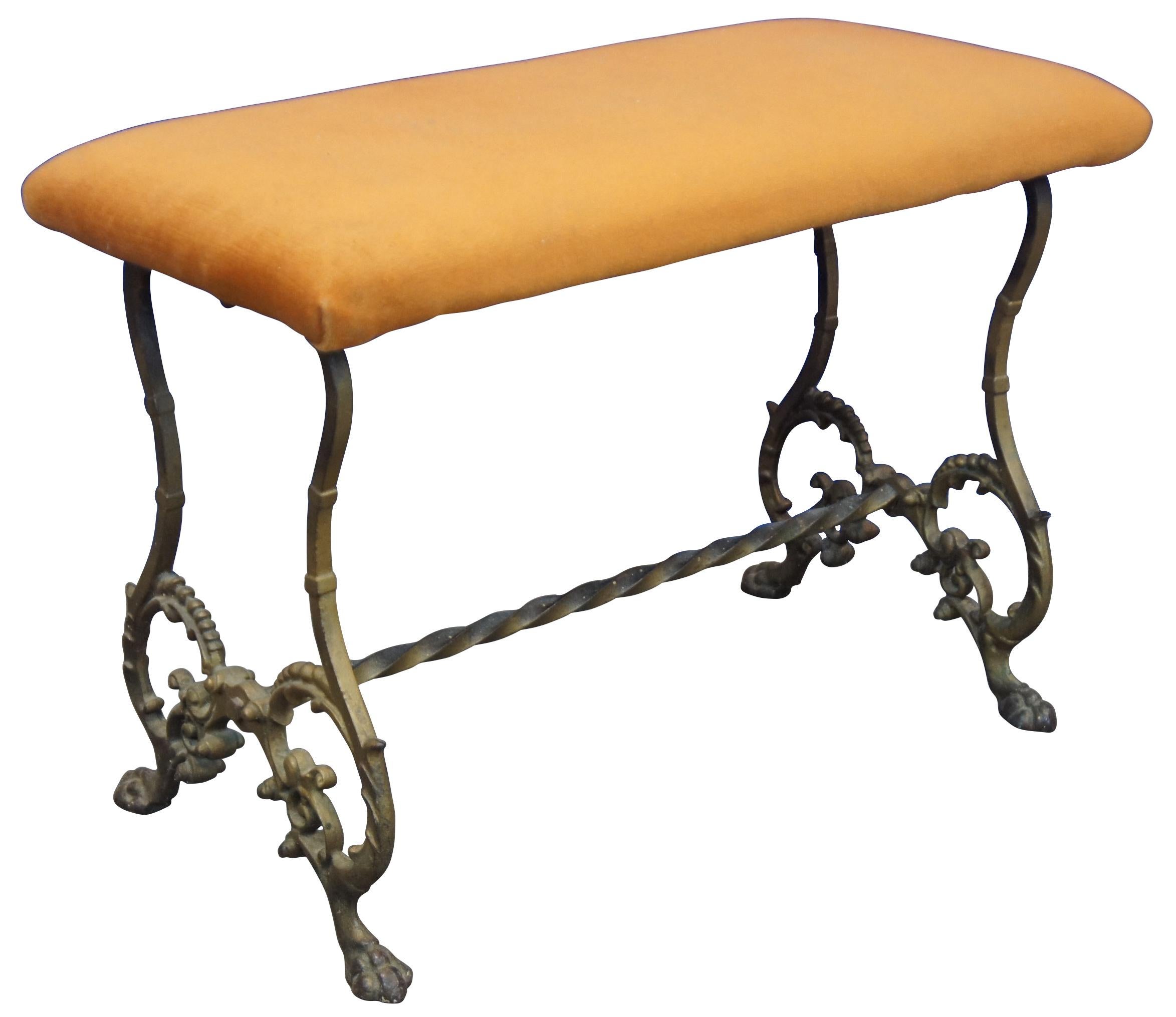 Antique Victorian Cast Iron Gilt Piano Bench Vanity Stool Paw Feet Upholstered In Good Condition In Dayton, OH