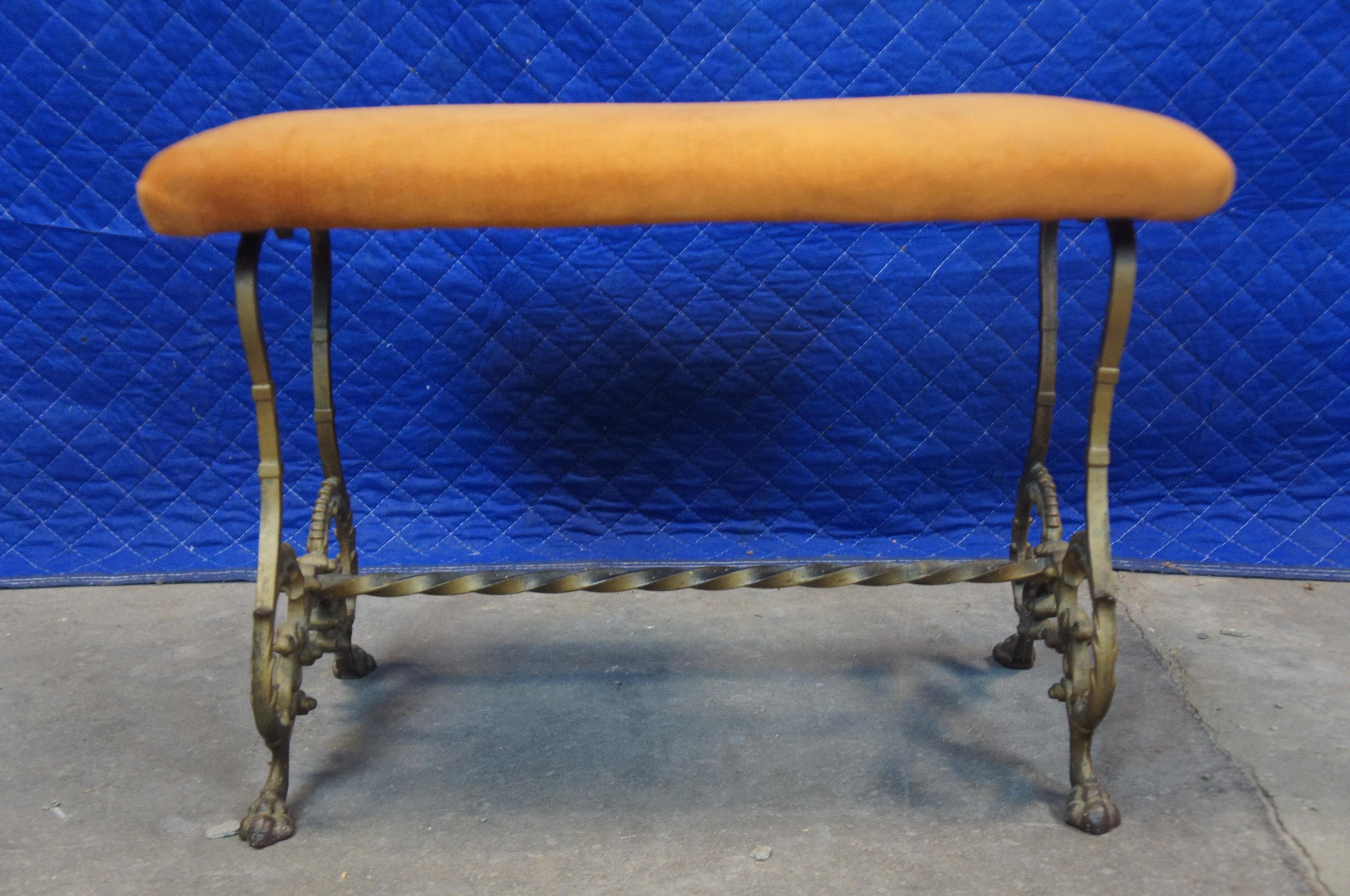 Antique Victorian Cast Iron Gilt Piano Bench Vanity Stool Paw Feet Upholstered 1