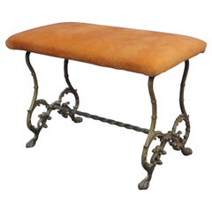 Ancien banc de coiffeuse pour piano en fonte dorée de style victorien, tapissé de pieds en pattes