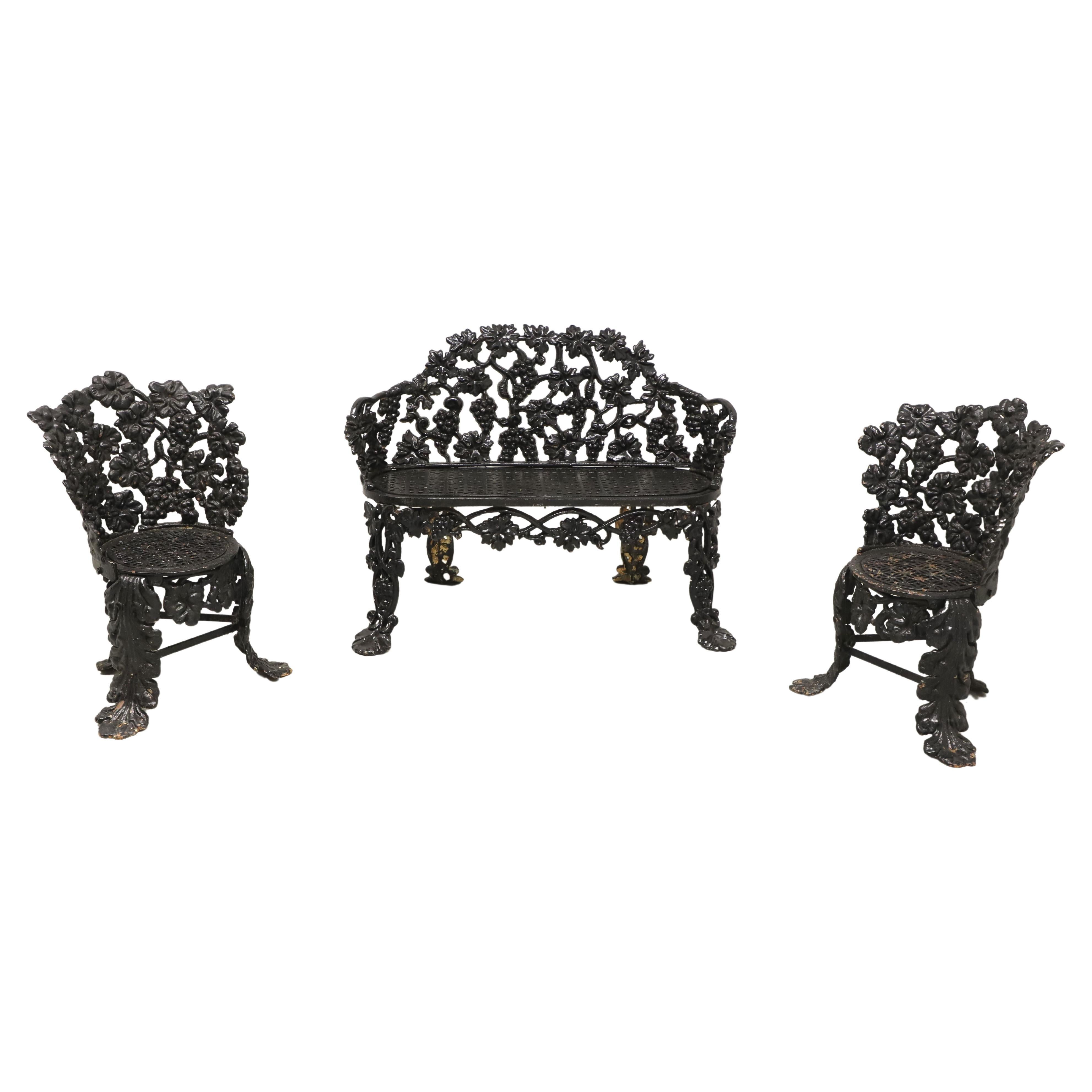 Antique Victorian Cast Iron Grape Leaf Garden Bench & Chairs - 3 Piece Set