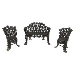 Antique Victorian Cast Iron Grape Leaf Garden Settee & Chairs - 3 Piece Set