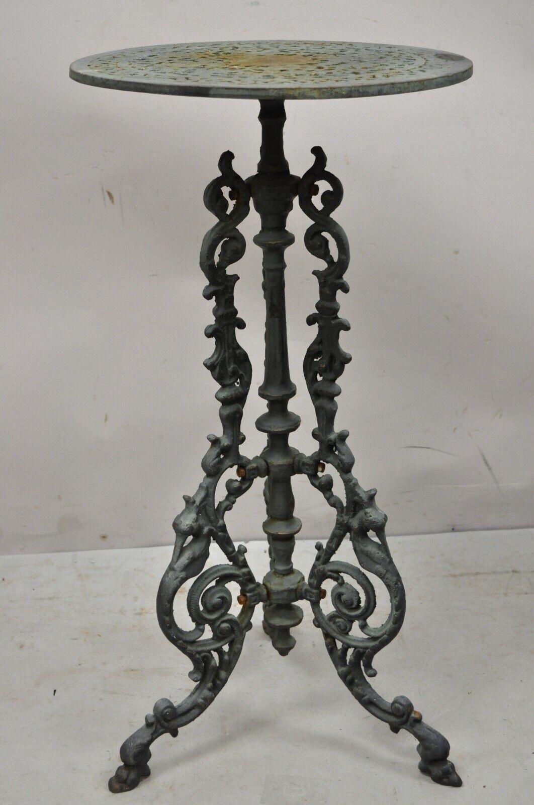 Antique Victorian Cast Iron Green Ornate Plant Stand Tripod Pedestal Table For Sale 2