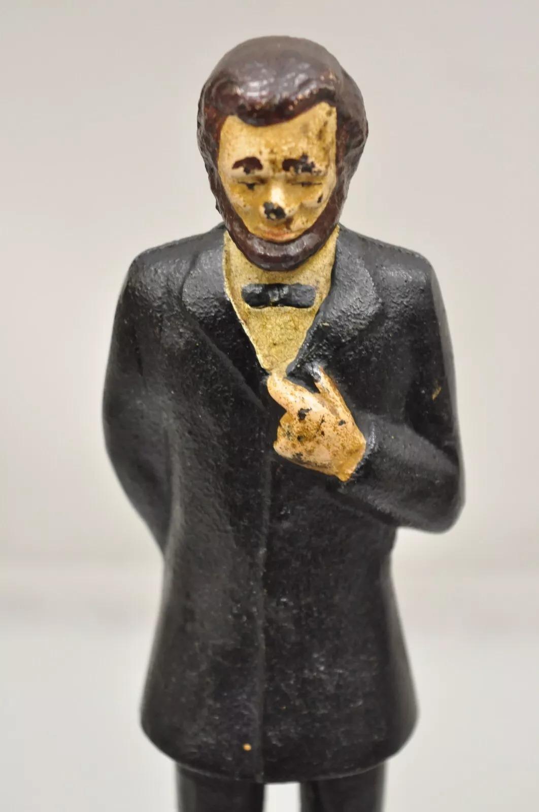Early 20th Century Antique Victorian Cast Iron Honest Abe Abraham Lincoln Figural Painted Door Stop For Sale