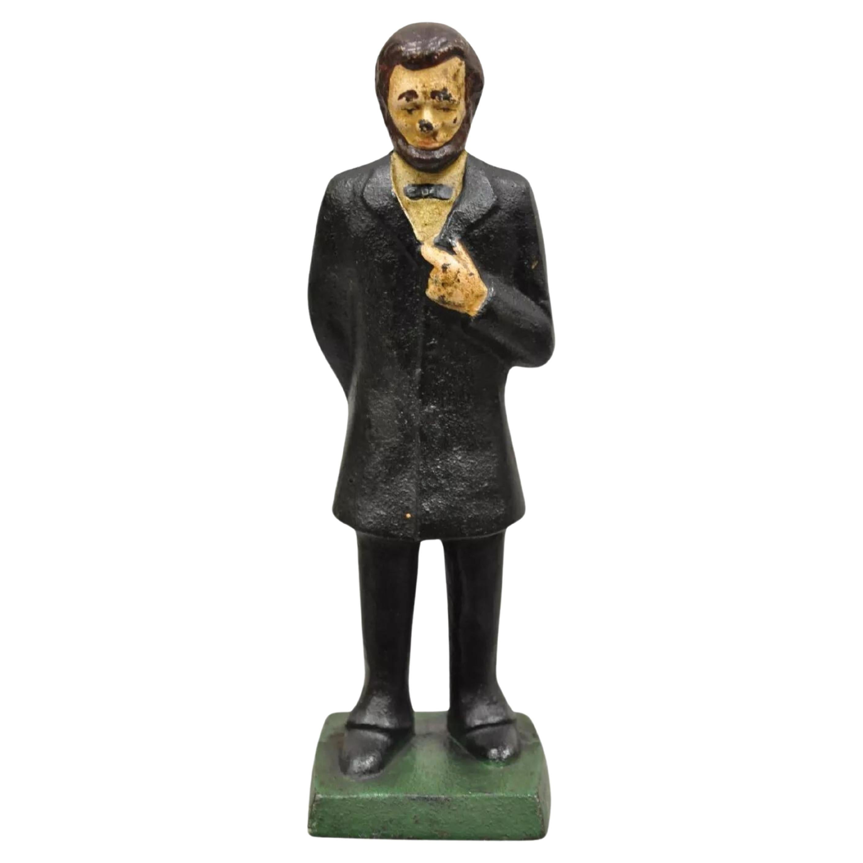 Antique Victorian Cast Iron Honest Abe Abraham Lincoln Figural Painted Door Stop For Sale