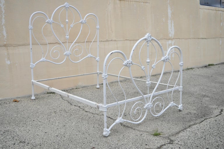 Antique Victorian Cast Iron Ornate White Scrollwork Full Size Metal Bed