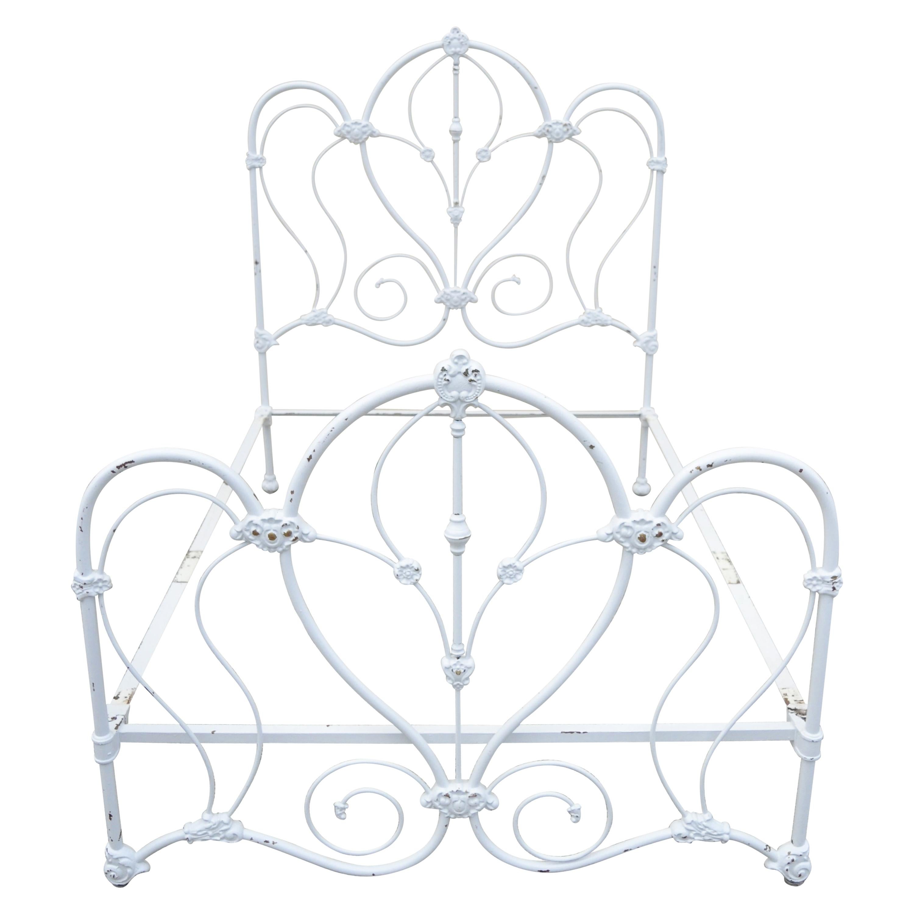 Antique Victorian Cast Iron Ornate White Scrollwork Full Size Metal Bed Frame