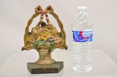 Antique Victorian Cast Iron Painted Floral Bouquet Pink Bow Basket Door Stop