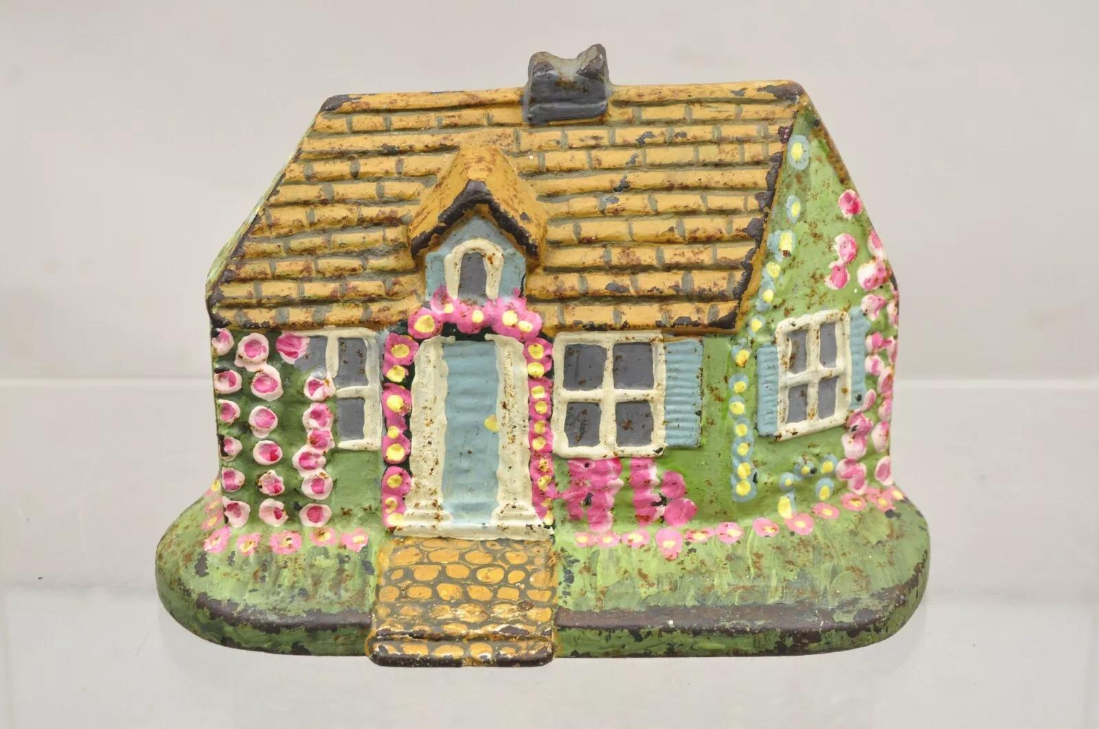Antique Victorian Cast Iron Painted Green and Pink Cottage House Door Stop For Sale 6