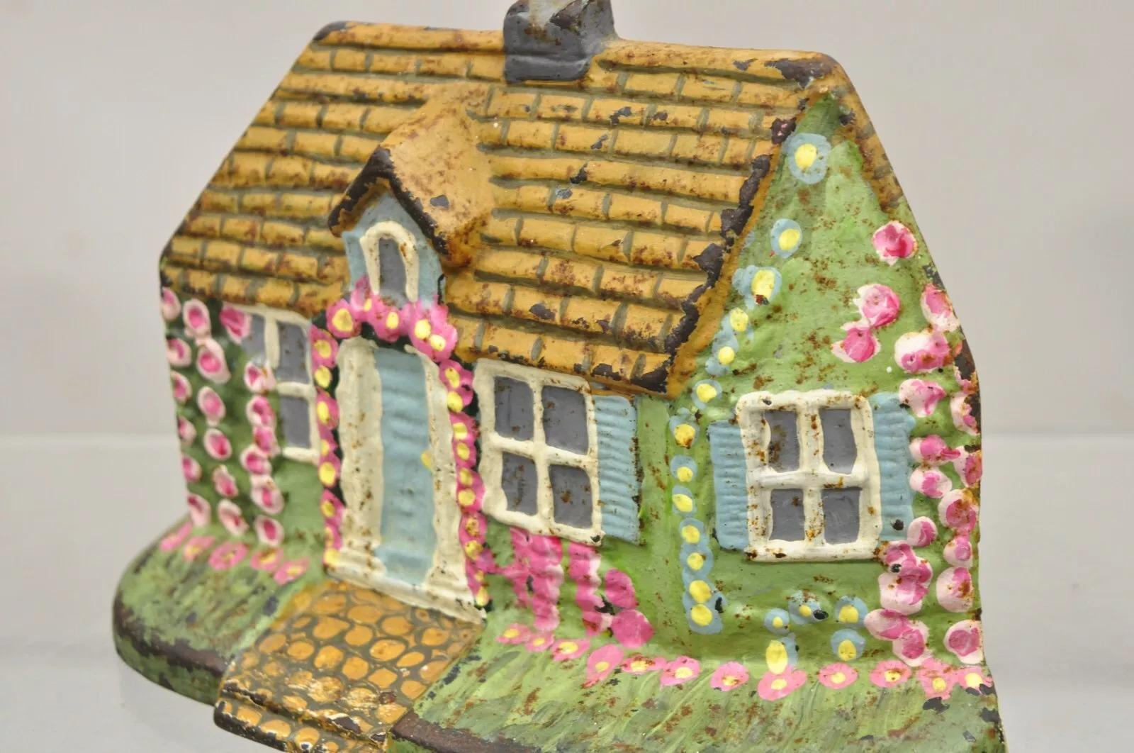 Antique Victorian Cast Iron Painted Green and Pink Cottage House Door Stop For Sale 2