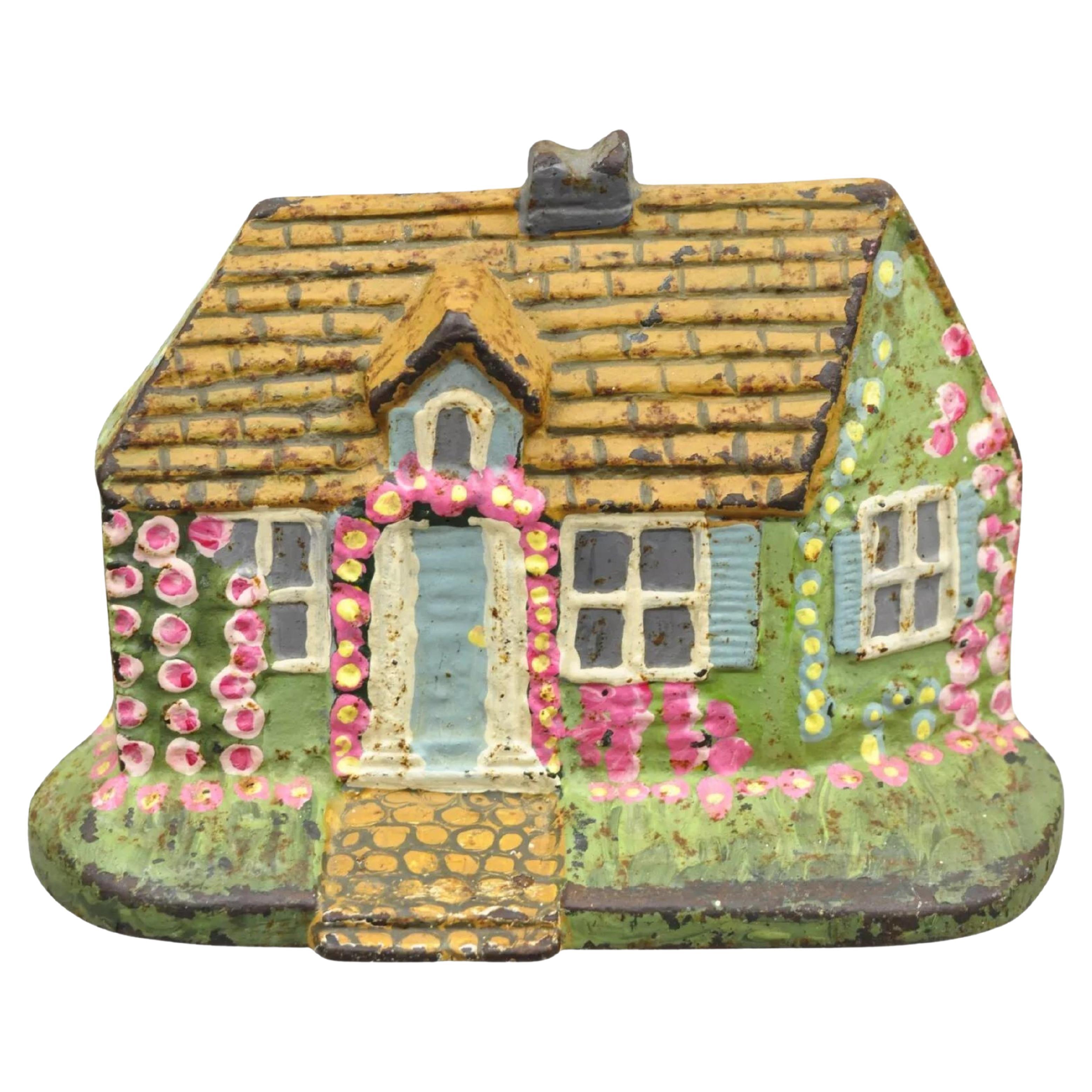 Antique Victorian Cast Iron Painted Green and Pink Cottage House Door Stop For Sale