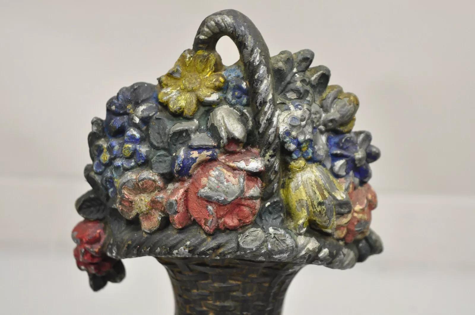 Antique Victorian Cast Iron Small Painted Floral Bouquet Basket Door Stop In Good Condition For Sale In Philadelphia, PA