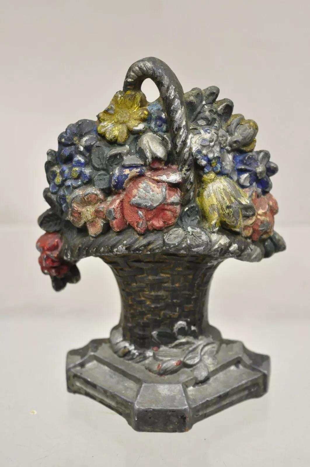 Antique Victorian Cast Iron Small Painted Floral Bouquet Basket Door Stop For Sale 5