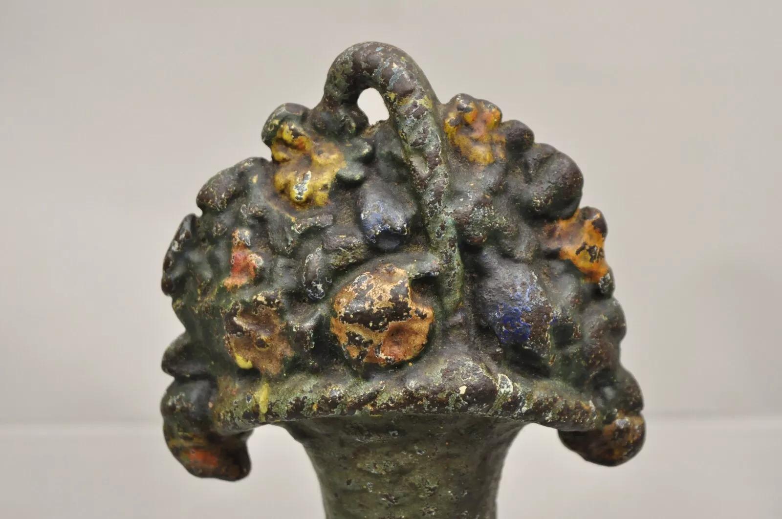 Antique Victorian Cast Iron Small Painted Orange Floral Bouquet Basket Door Stop In Good Condition For Sale In Philadelphia, PA