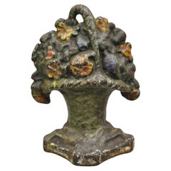 Used Victorian Cast Iron Small Painted Orange Floral Bouquet Basket Door Stop