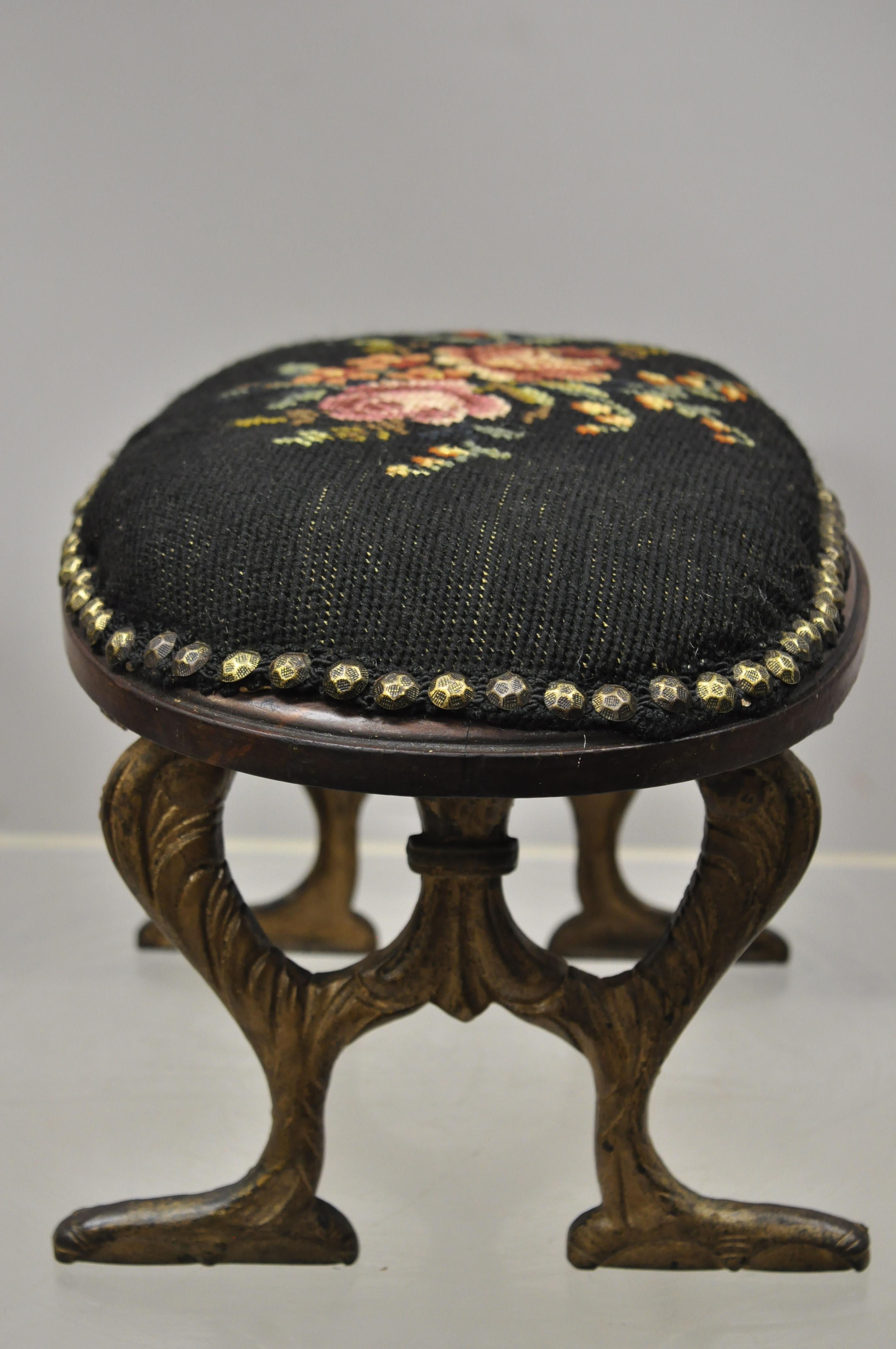 Antique Victorian Cast Iron Small Petite Oval Needlepoint Footstool Ottoman In Good Condition In Philadelphia, PA