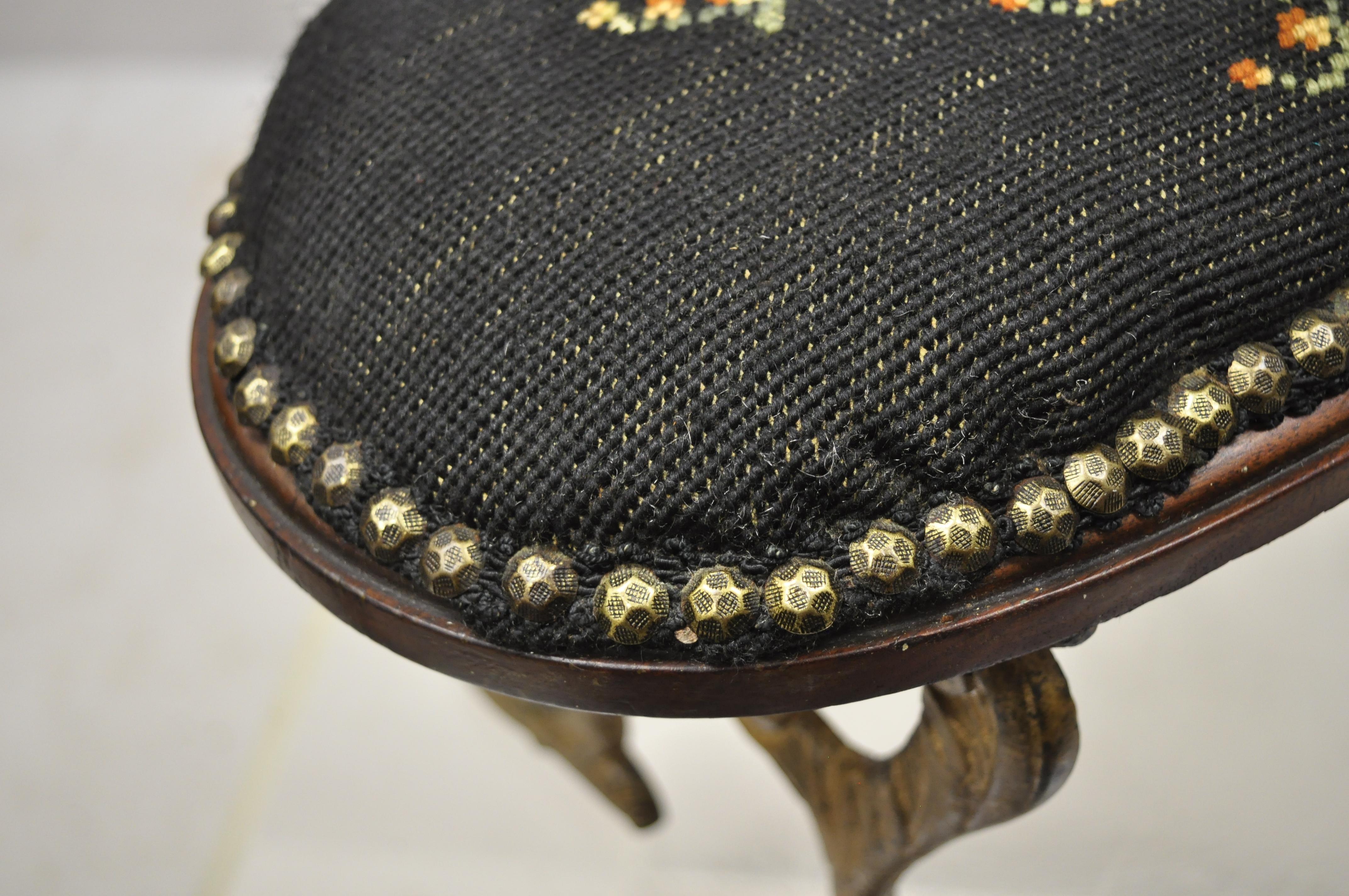 20th Century Antique Victorian Cast Iron Small Petite Oval Needlepoint Footstool Ottoman
