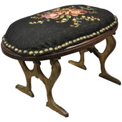 Antique Victorian Cast Iron Small Petite Oval Needlepoint Footstool Ottoman