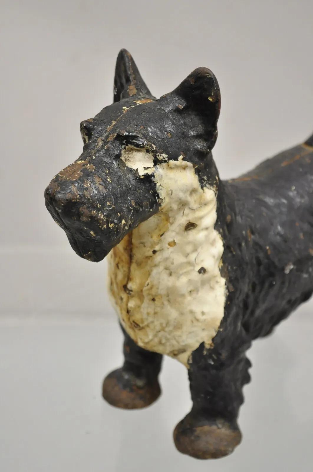 Antique Victorian Cast Iron Small Scottie Dog Metal Black Painted Door Stop In Good Condition For Sale In Philadelphia, PA