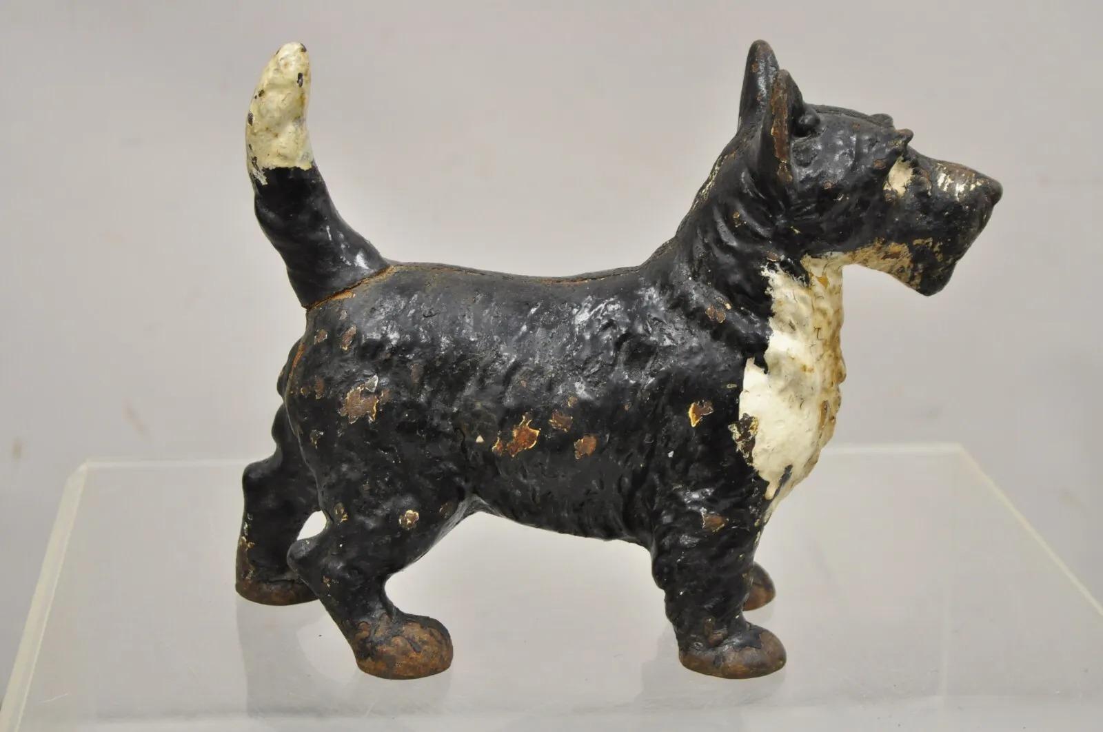 Antiker viktorianischer gusseiserner, schwarz lackierter, kleiner Scottie-Hunde-Türstopper mit Metalllackierung im Angebot 1