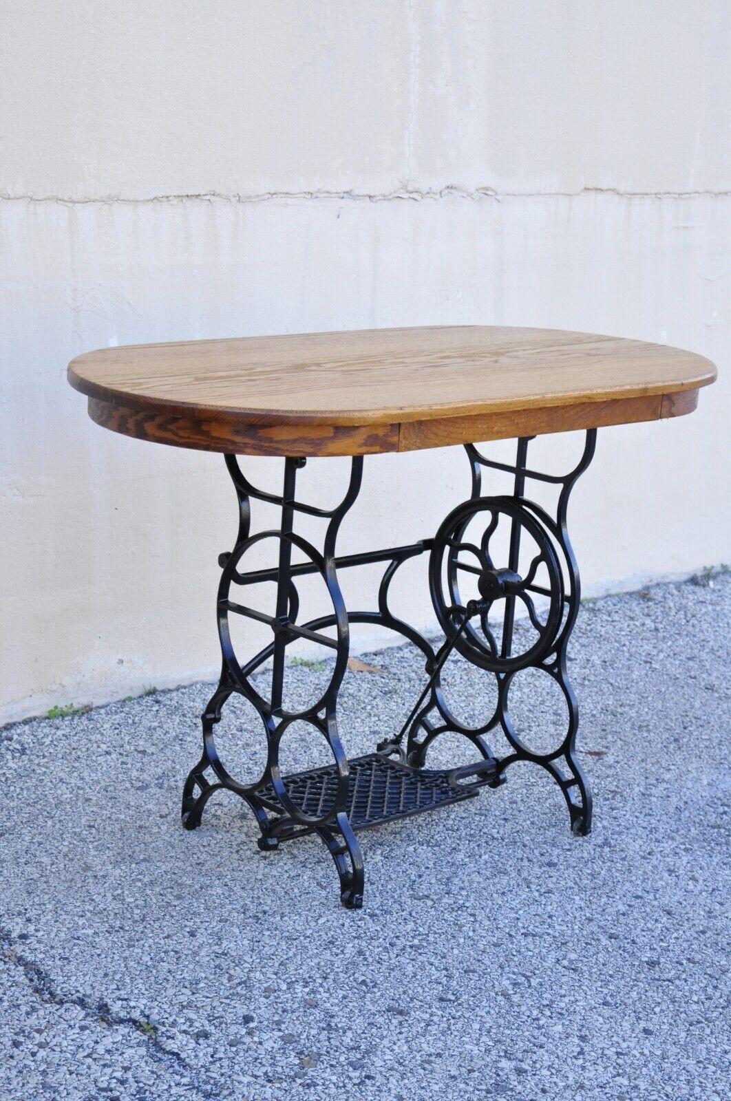 Antique Victorian Cast Iron Treadle Sewing Machine Base Side Table Oval Oak Top 4
