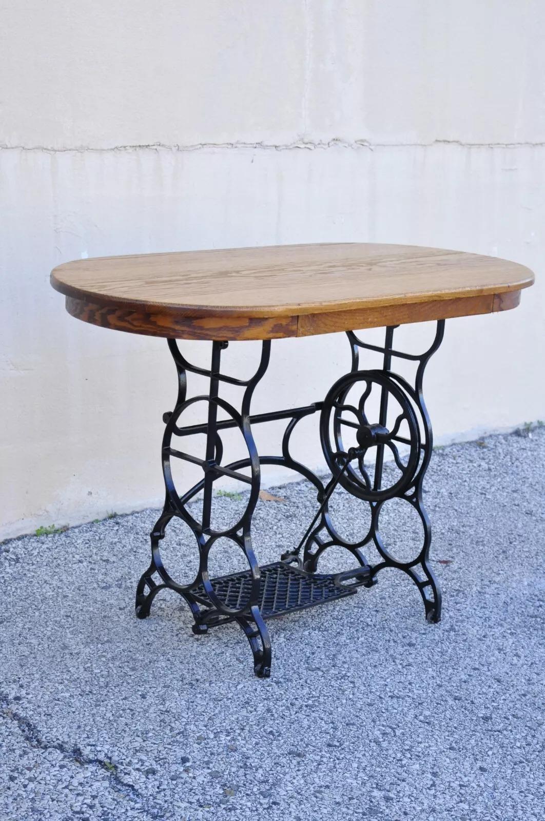 Antique Victorian Cast Iron Treadle Sewing Machine Base Side Table Oval Oak Top For Sale 7