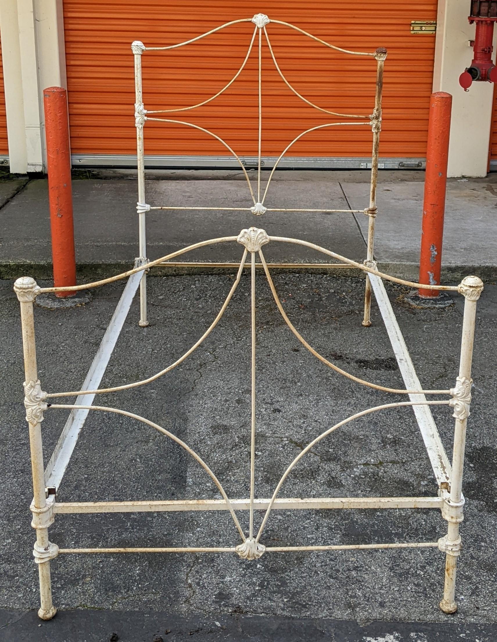 This lovely cast iron bedframe has a nice tall headboard and footboard to make you feel safe and ensconced in bed, with lots of chippy paint, age, and patina, it's sure to add some seriously interesting character to your space.
SHIPPING DIMENSIONS: