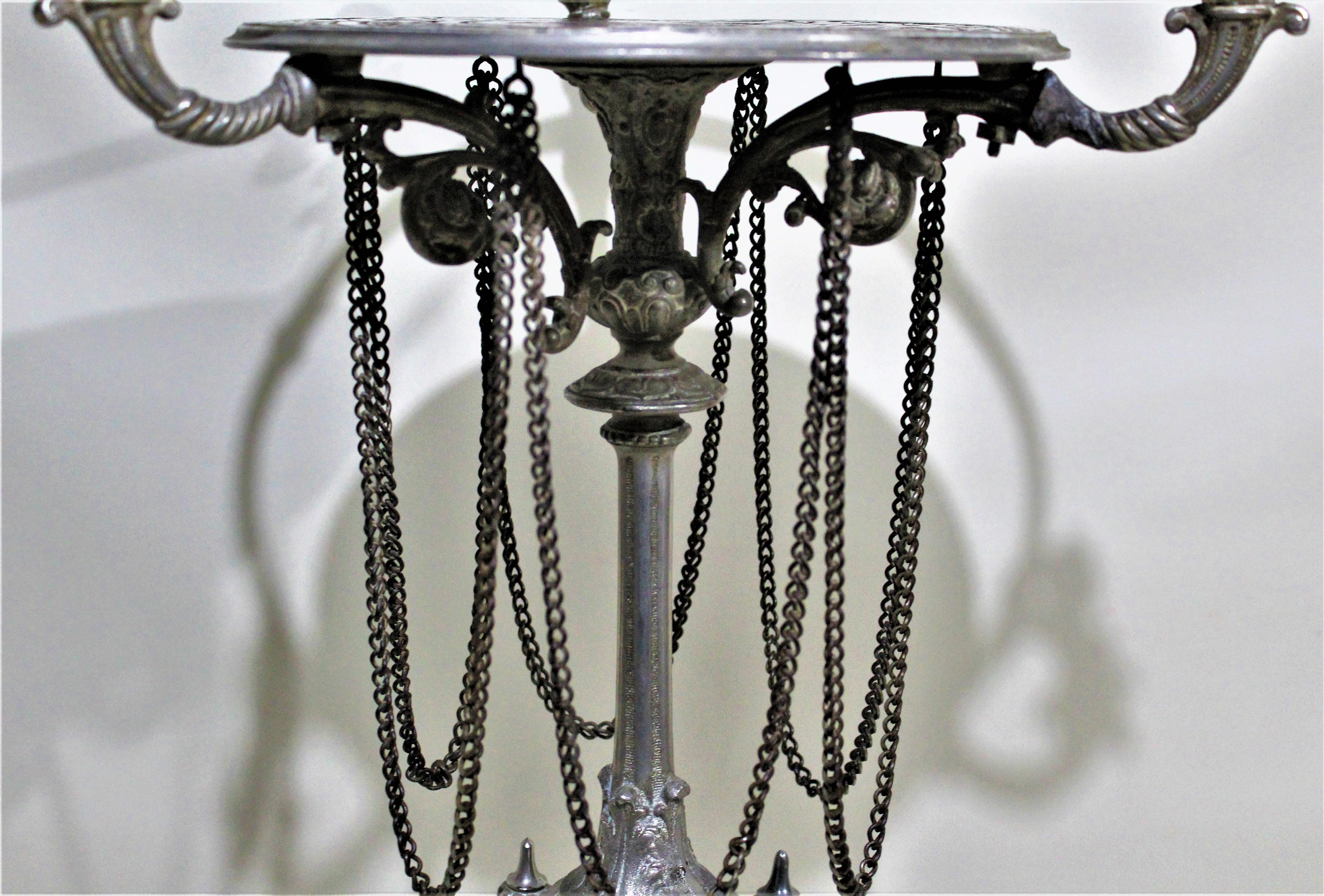 Antique Victorian Cast Metal Plated Pedestal Table Figural Accents Engraved Top 5