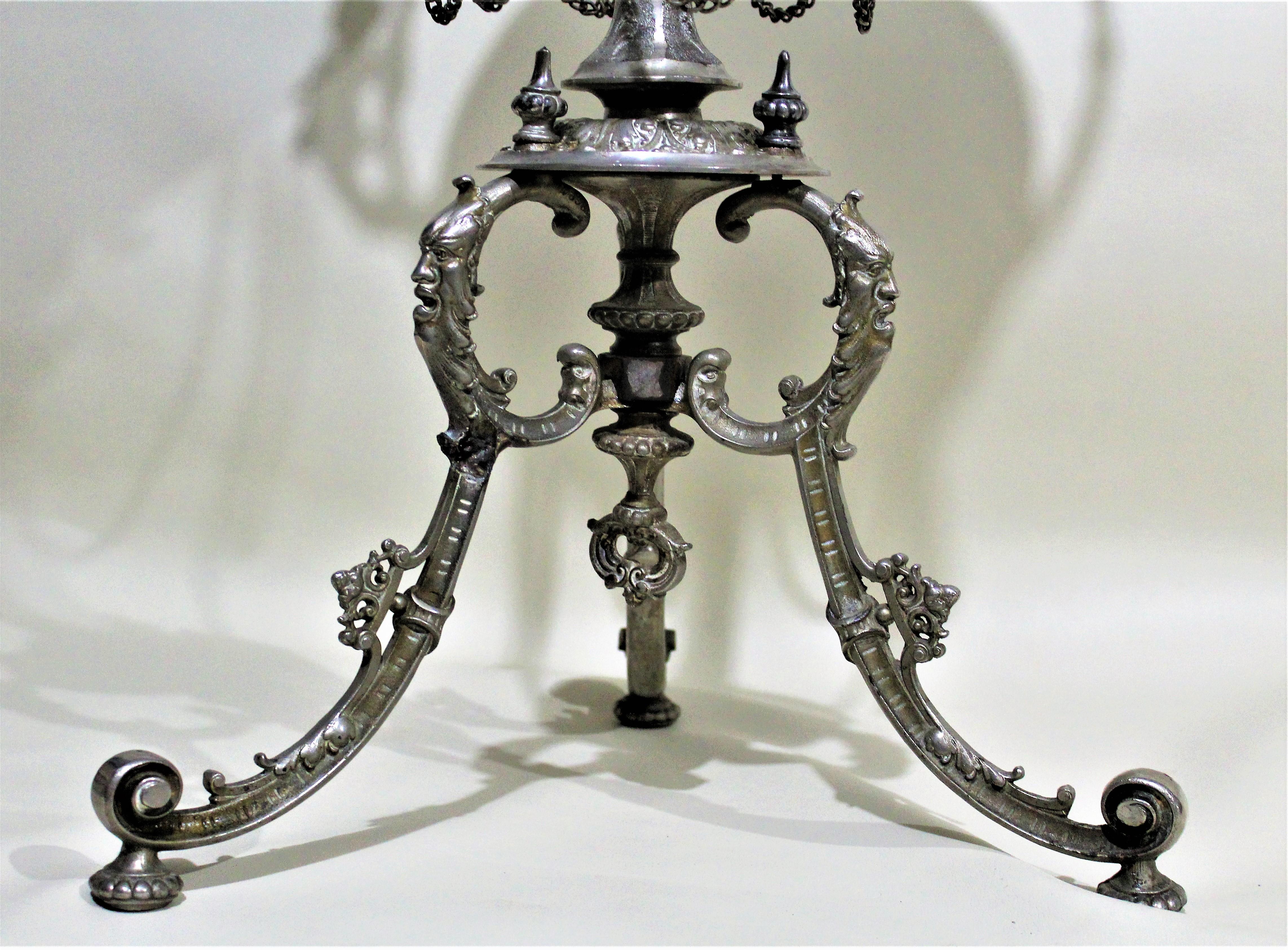 Antique Victorian Cast Metal Plated Pedestal Table Figural Accents Engraved Top 7