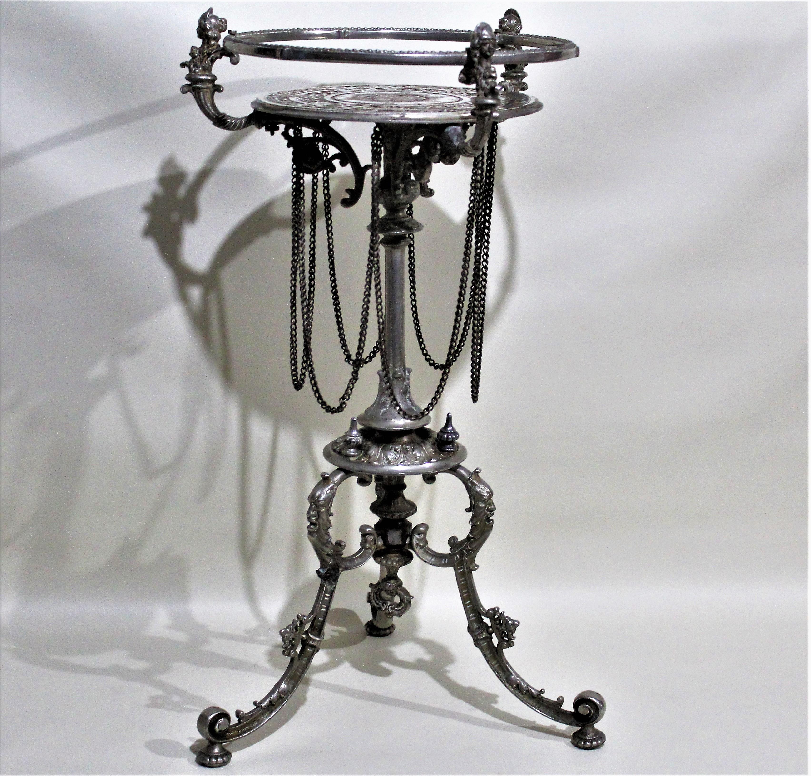 Gothic Revival Antique Victorian Cast Metal Plated Pedestal Table Figural Accents Engraved Top