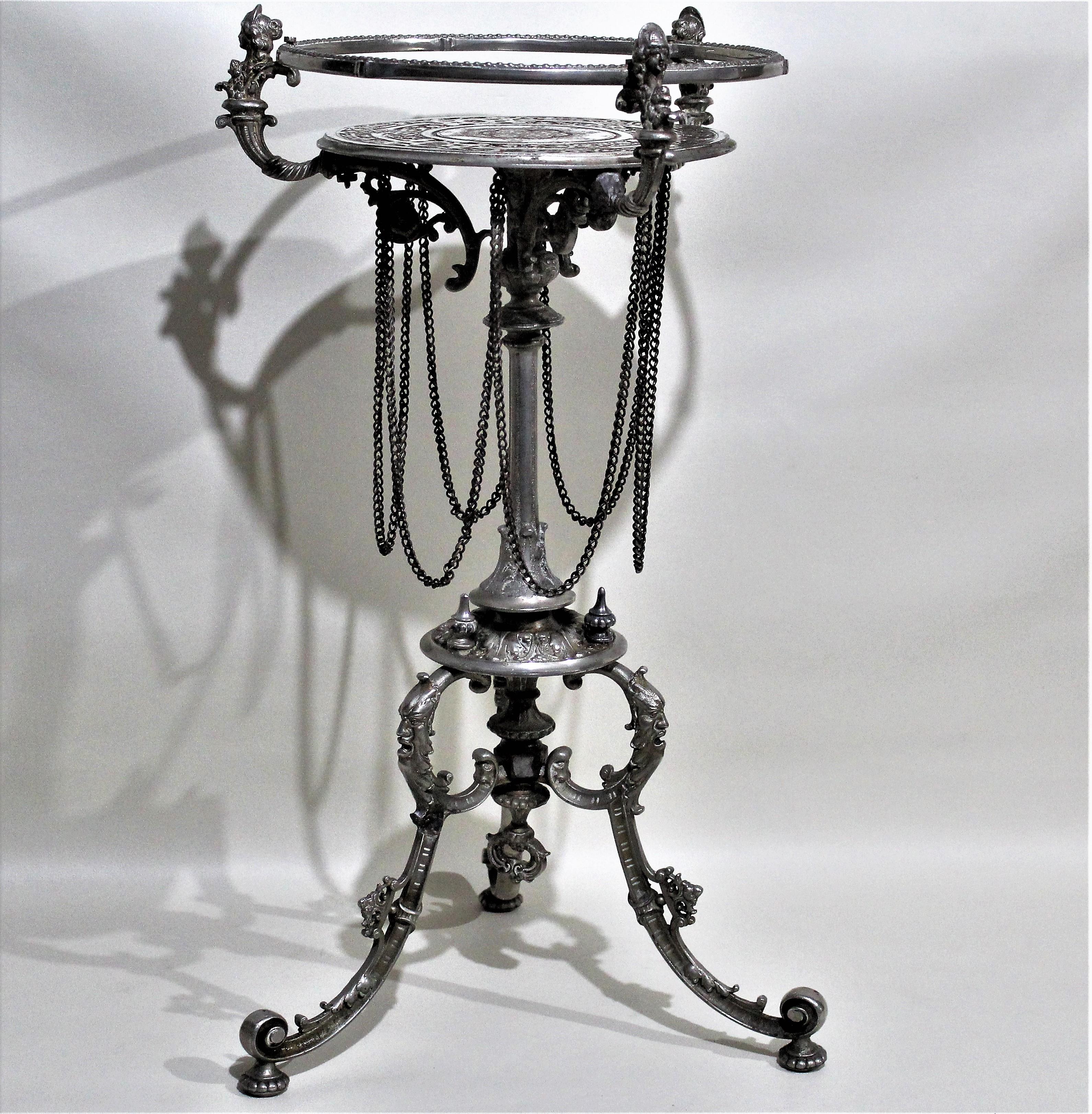 English Antique Victorian Cast Metal Plated Pedestal Table Figural Accents Engraved Top