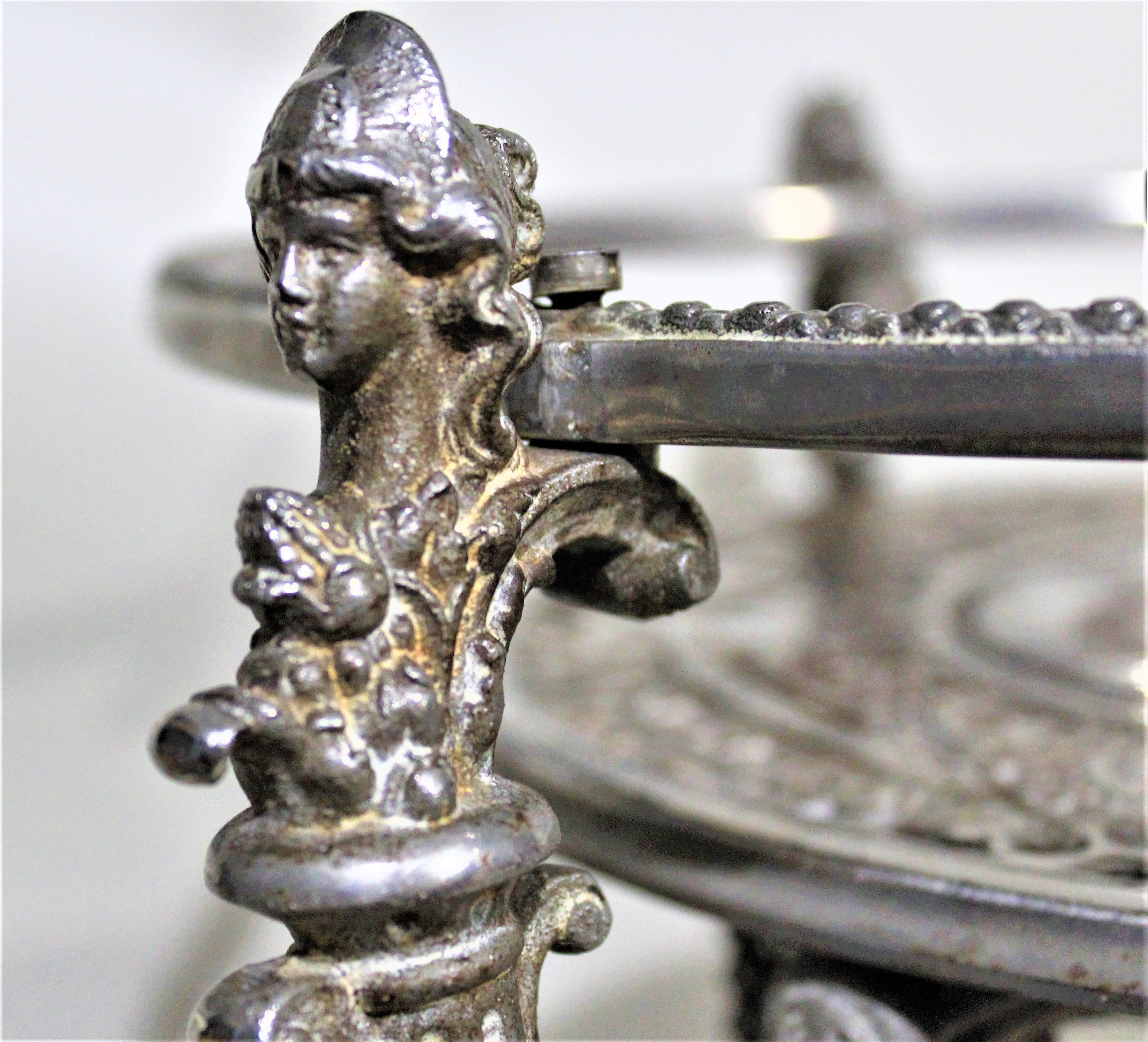 19th Century Antique Victorian Cast Metal Plated Pedestal Table Figural Accents Engraved Top