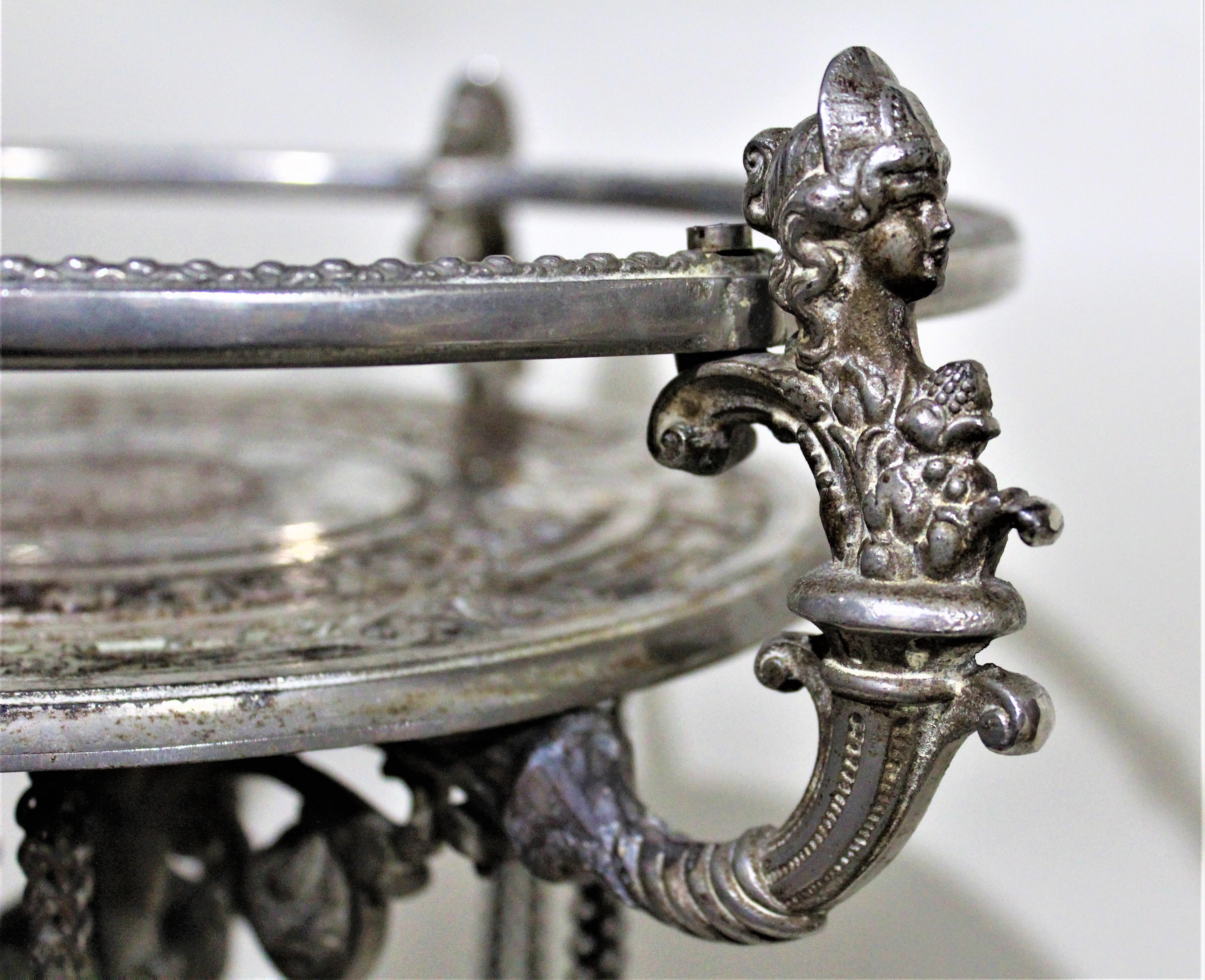 Antique Victorian Cast Metal Plated Pedestal Table Figural Accents Engraved Top 1